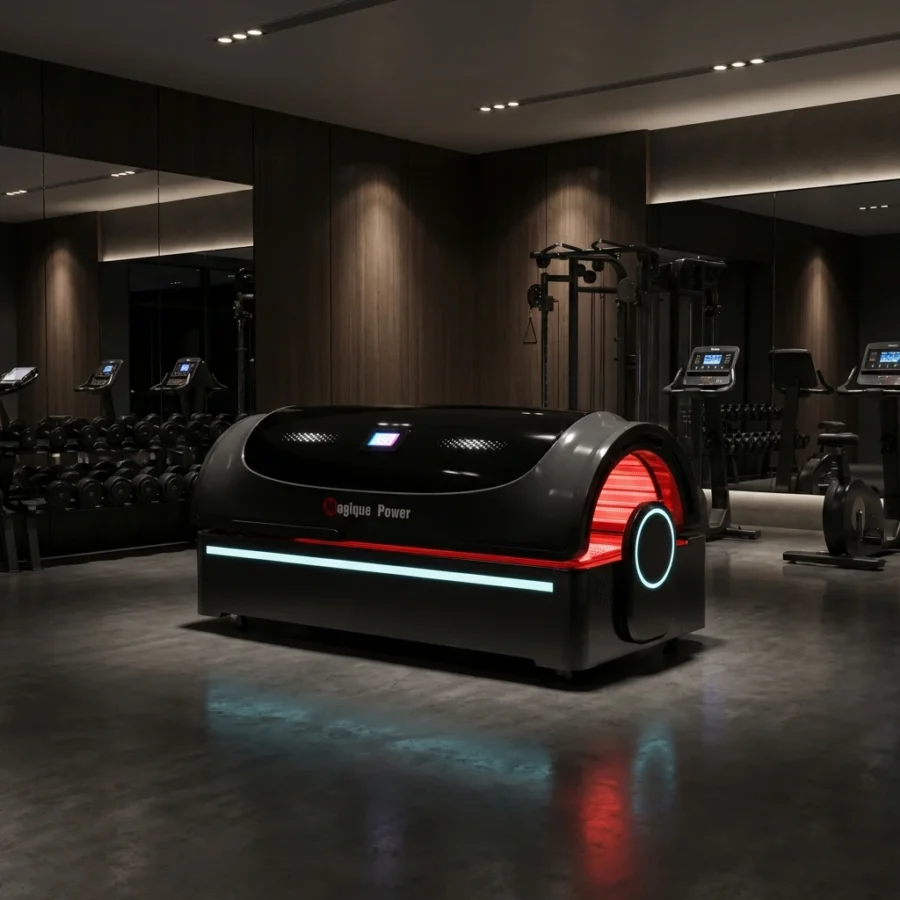 Black LUM-R5500 commercial red light therapy bed with 43,200 LEDs, 4500W power, 129 mW/cm², 5-wavelength photobiomodulation