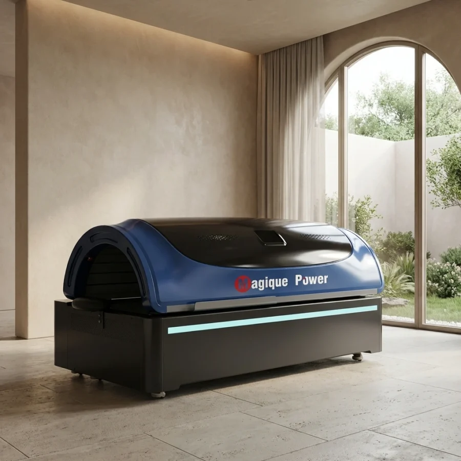 Blue LUM-R5500 full-body red light therapy bed, 43,200 LEDs, 4500W, 129 mW/cm² irradiance, 5 wavelengths, 100,000-hour LED lifetime