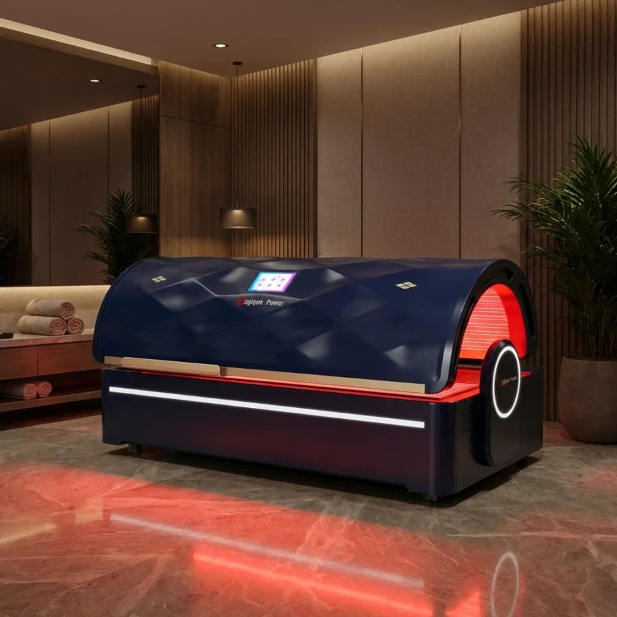 LUM-R5500 red light therapy bed with diamond-cut finish, 43,200 LEDs, 4500W, 129 mW/cm² irradiance, customizable wavelengths