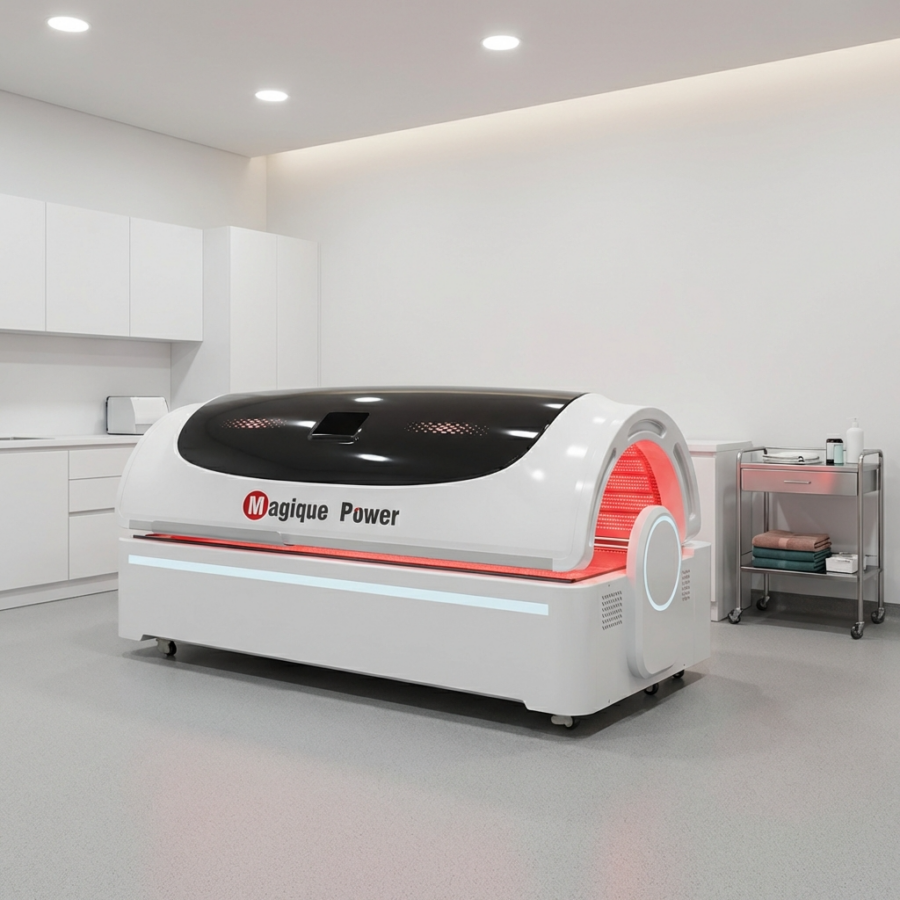 LUM-R5500 full-body red light therapy bed in a pain management center treatment room, 43,200 LEDs, 129 mW/cm²
