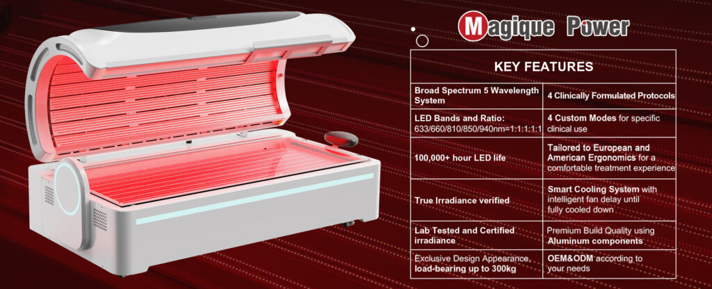 features of  Magique Power’s photobiomodulation bed