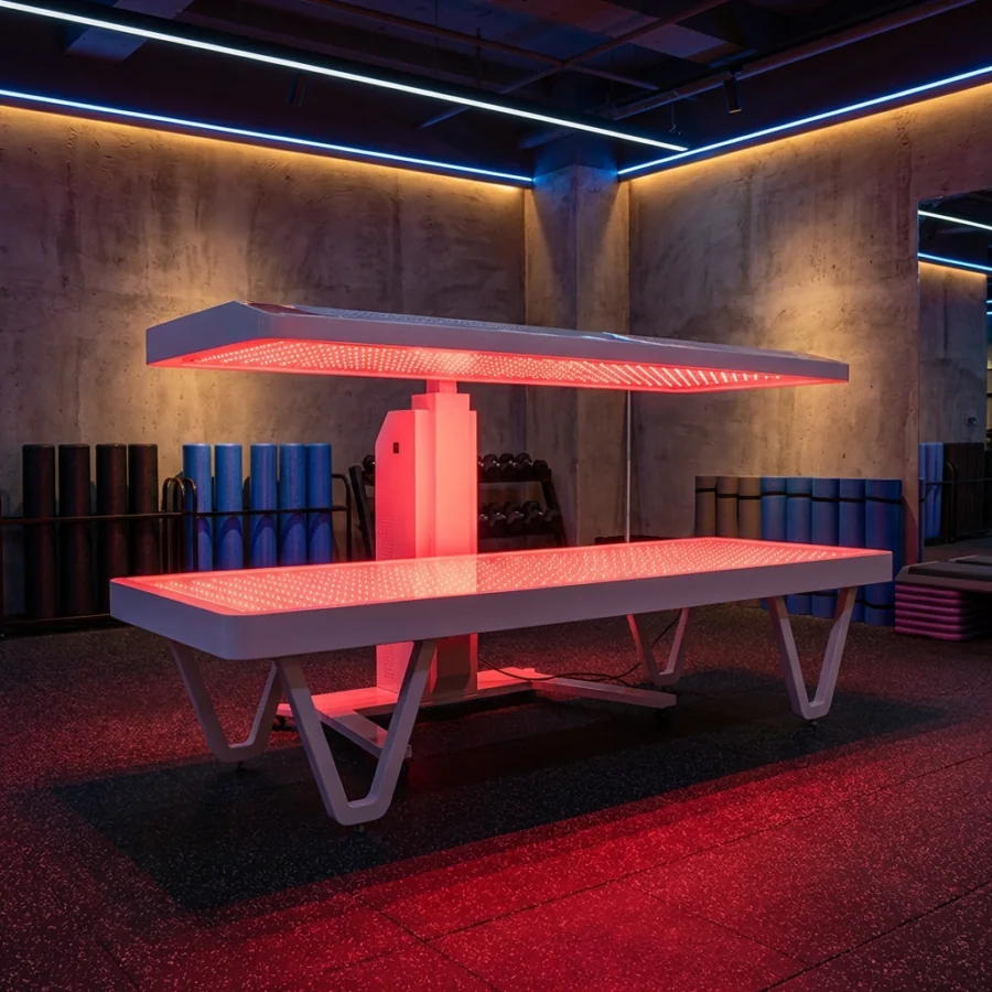 Red light therapy bed in a physiotherapy or pain management clinic scenario