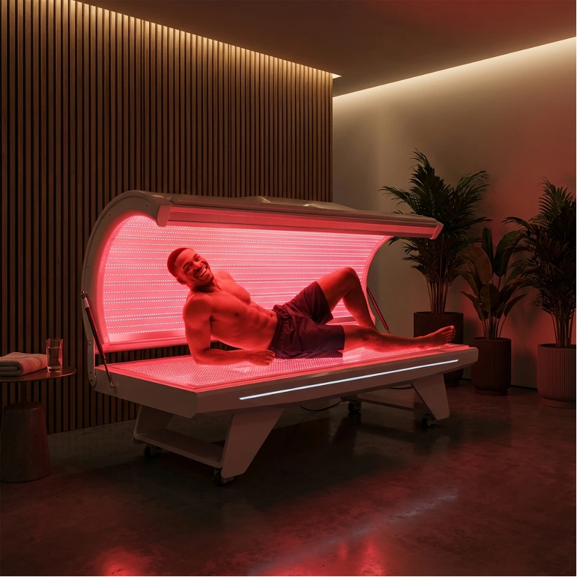 A man laying down on the red light therapy equipment manufactured by Magique Power